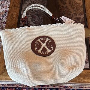 Christian Lacroix Cream Straw Tote with Brown Leather XL Patch